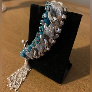 Toggle Bracelet, Silver Braided Bracelet w/Turquoise Gem Stones, Tassel Closure